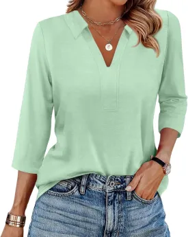 Women's 3/4 Sleeve V-Neck Collared Tops Summer Business Casual Work Polo Shirts 2025 Trendy Loose Fit Basic Tees