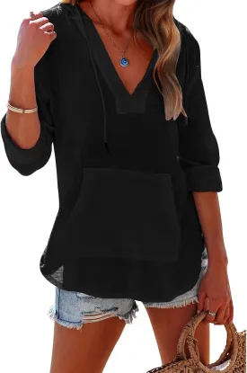 Women's Beach Cover Up Casual V Neck Long Sleeve Linen Hoodie Pullover Tops Lightweight Hooded Shirt with Pocket