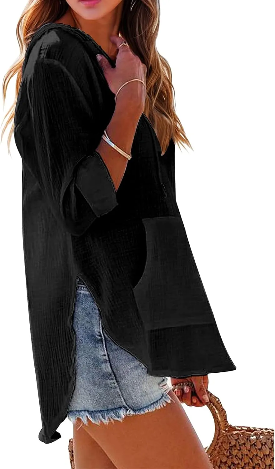 Women's Beach Cover Up Casual V Neck Long Sleeve Linen Hoodie Pullover Tops Lightweight Hooded Shirt with Pocket