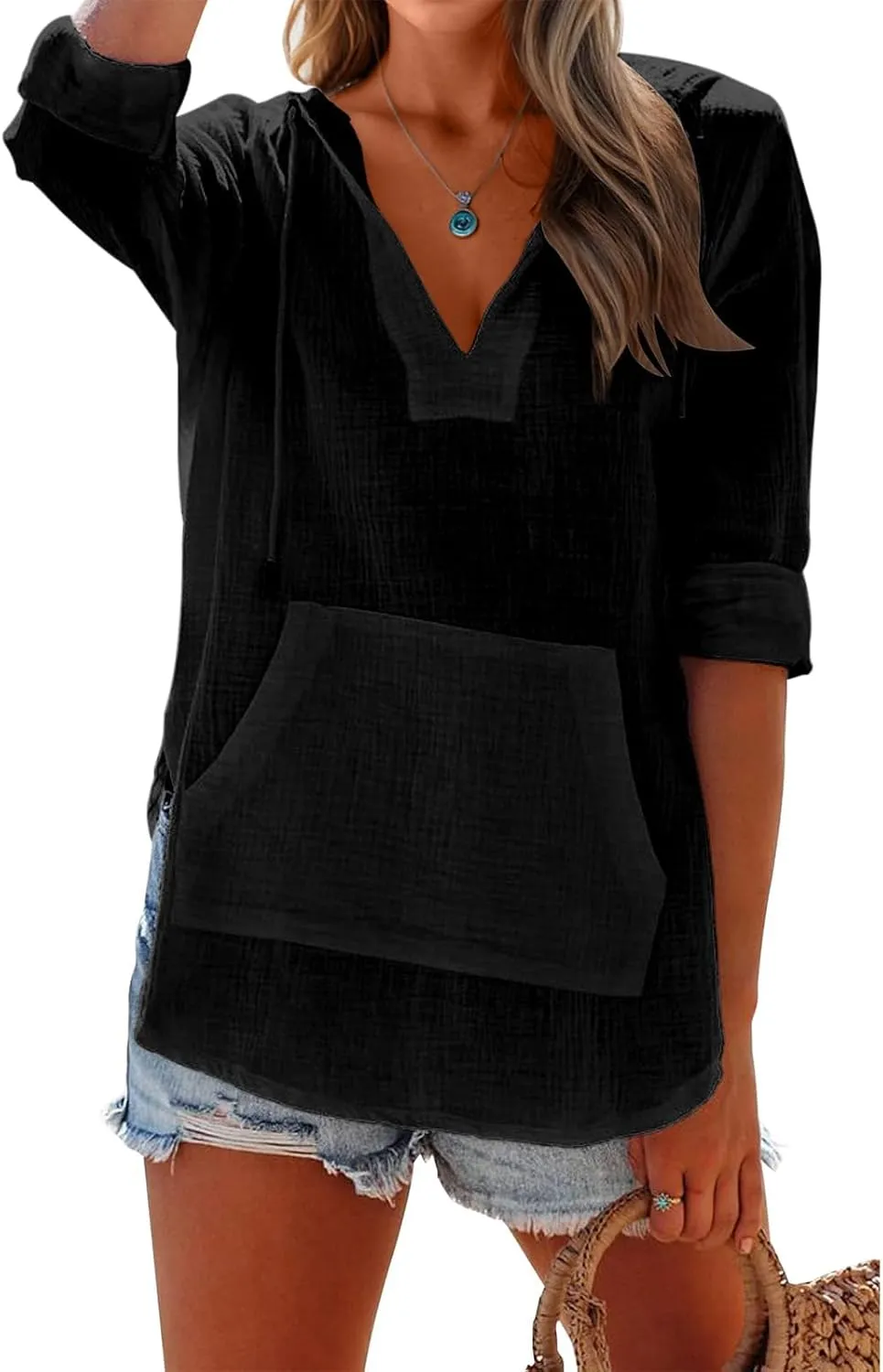 Women's Beach Cover Up Casual V Neck Long Sleeve Linen Hoodie Pullover Tops Lightweight Hooded Shirt with Pocket