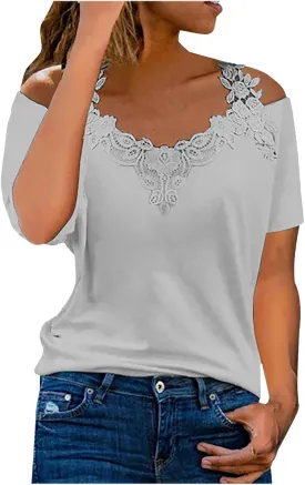 Womens Cold Shoulder Halter Tops Short Sleeve Lace V Neck Summer Knit Crochet Embroidery Shirts Sexy Casual Blouse