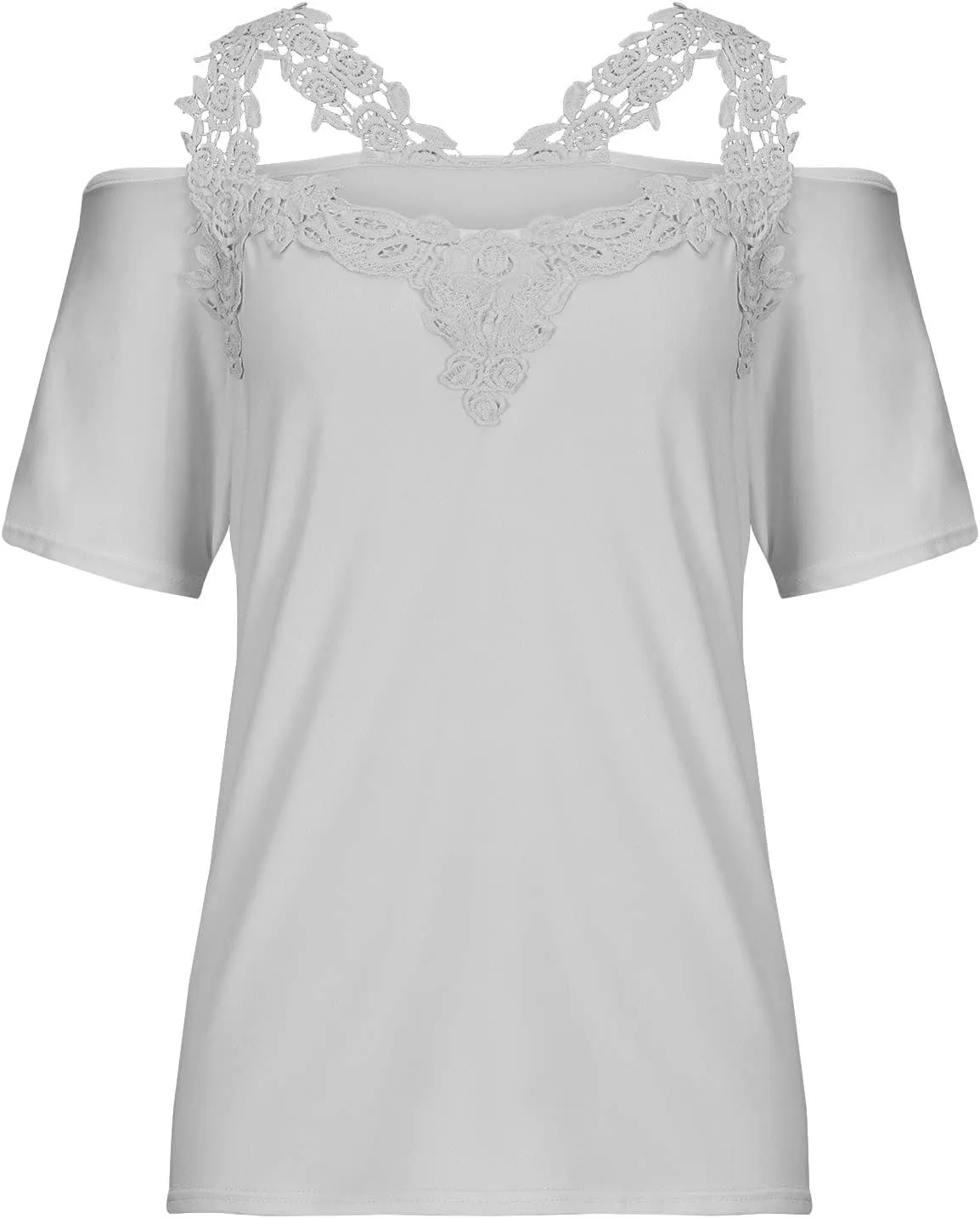 Womens Cold Shoulder Halter Tops Short Sleeve Lace V Neck Summer Knit Crochet Embroidery Shirts Sexy Casual Blouse