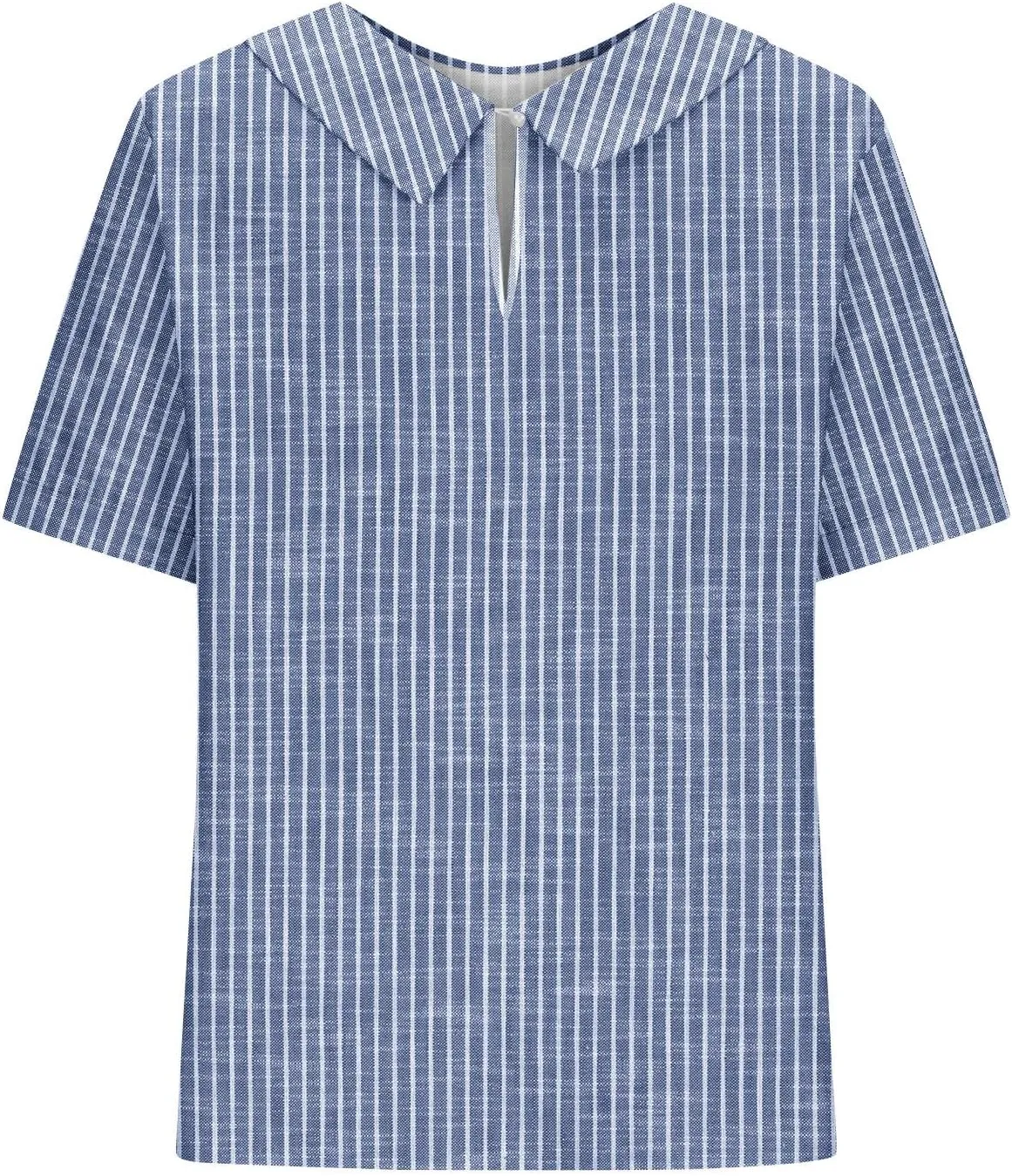 Womens Cotton Linen Tops Fashion Striped Printed Lightweight Loose T-Shirts Short Sleeves Turndown Collar Tee Shirts