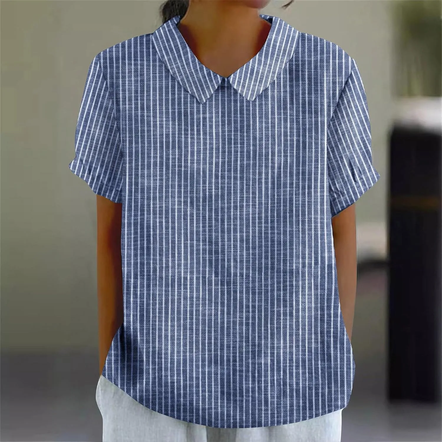 Womens Cotton Linen Tops Fashion Striped Printed Lightweight Loose T-Shirts Short Sleeves Turndown Collar Tee Shirts
