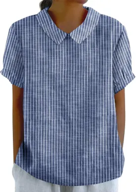 Womens Cotton Linen Tops Fashion Striped Printed Lightweight Loose T-Shirts Short Sleeves Turndown Collar Tee Shirts