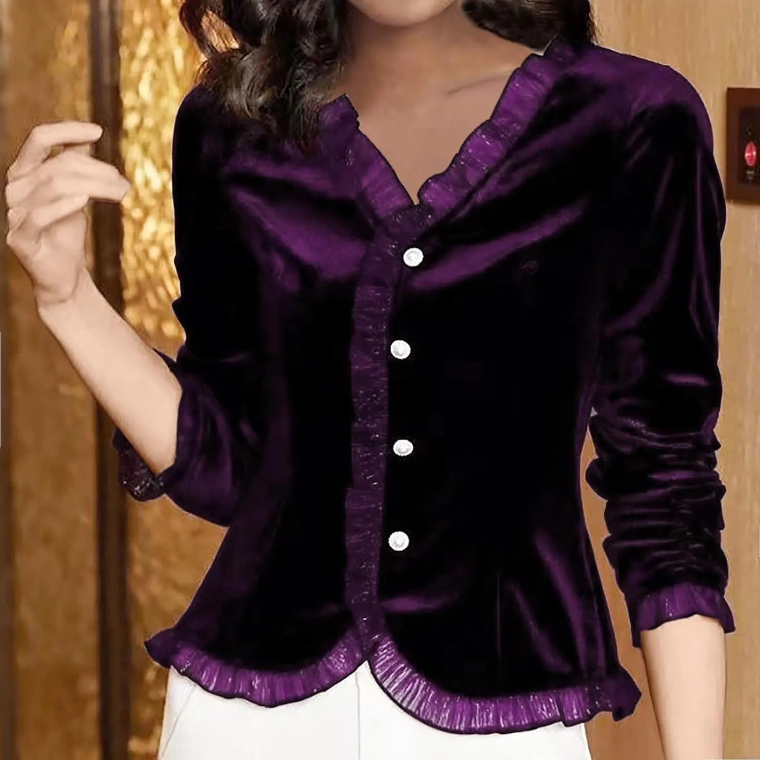 Women's Lace Trim Velvet Tops V Neck Button Down Shirts Long Sleeve V Neck Work Top Solid Vintage Classy Blouses