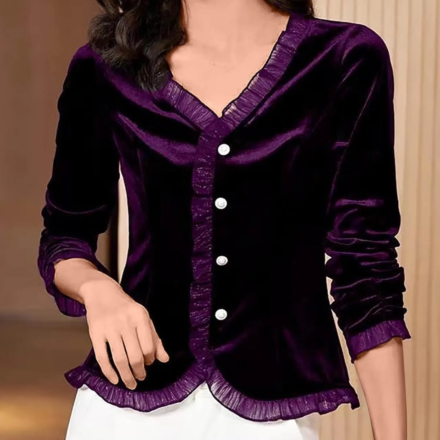 Women's Lace Trim Velvet Tops V Neck Button Down Shirts Long Sleeve V Neck Work Top Solid Vintage Classy Blouses