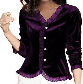 Women's Lace Trim Velvet Tops V Neck Button Down Shirts Long Sleeve V Neck Work Top Solid Vintage Classy Blouses