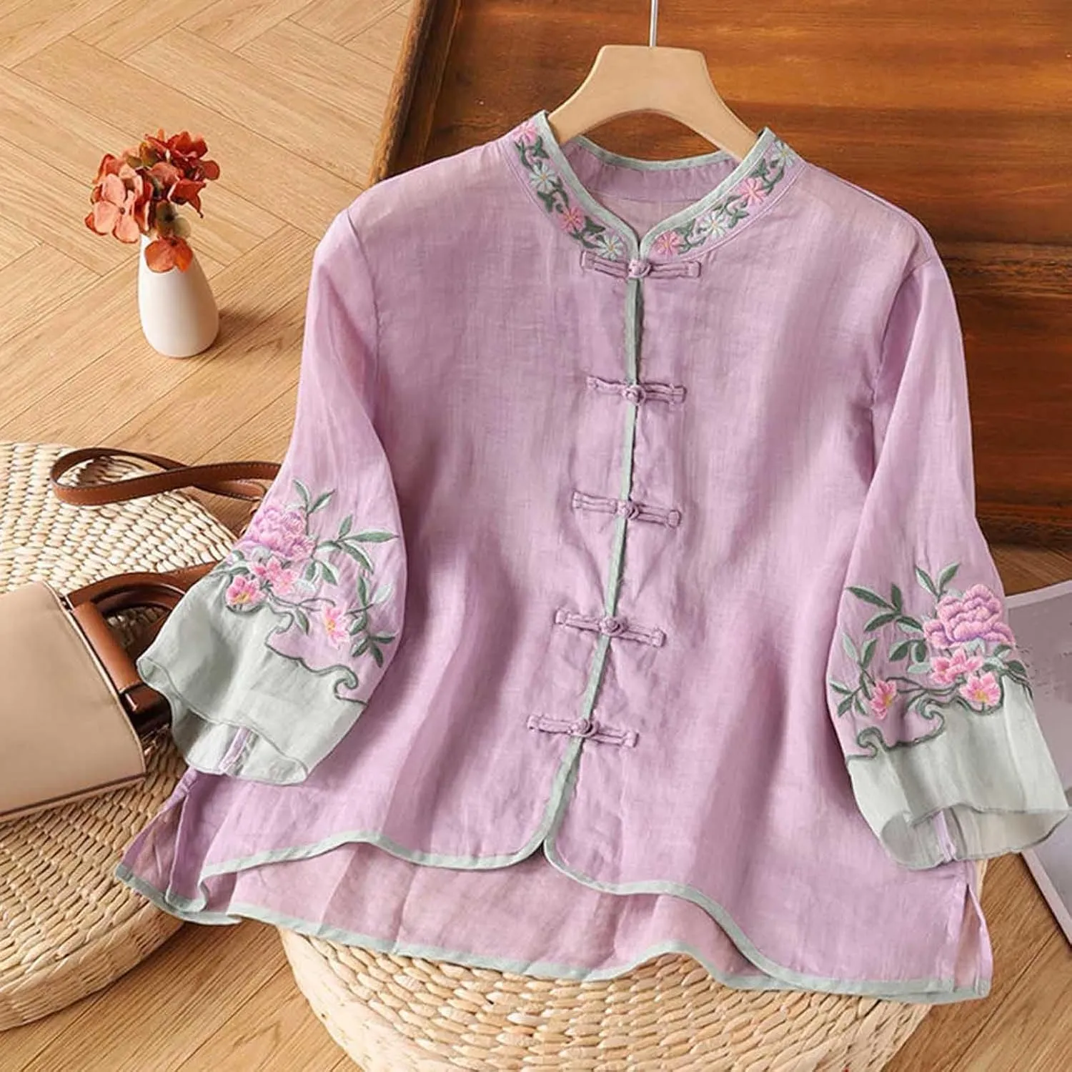 Women's Mandarin Neck Cotton Linen Blouses Retro Chinese Frog Button 3/4 Sleeve Tops Casual Floral Embroidered Shirts