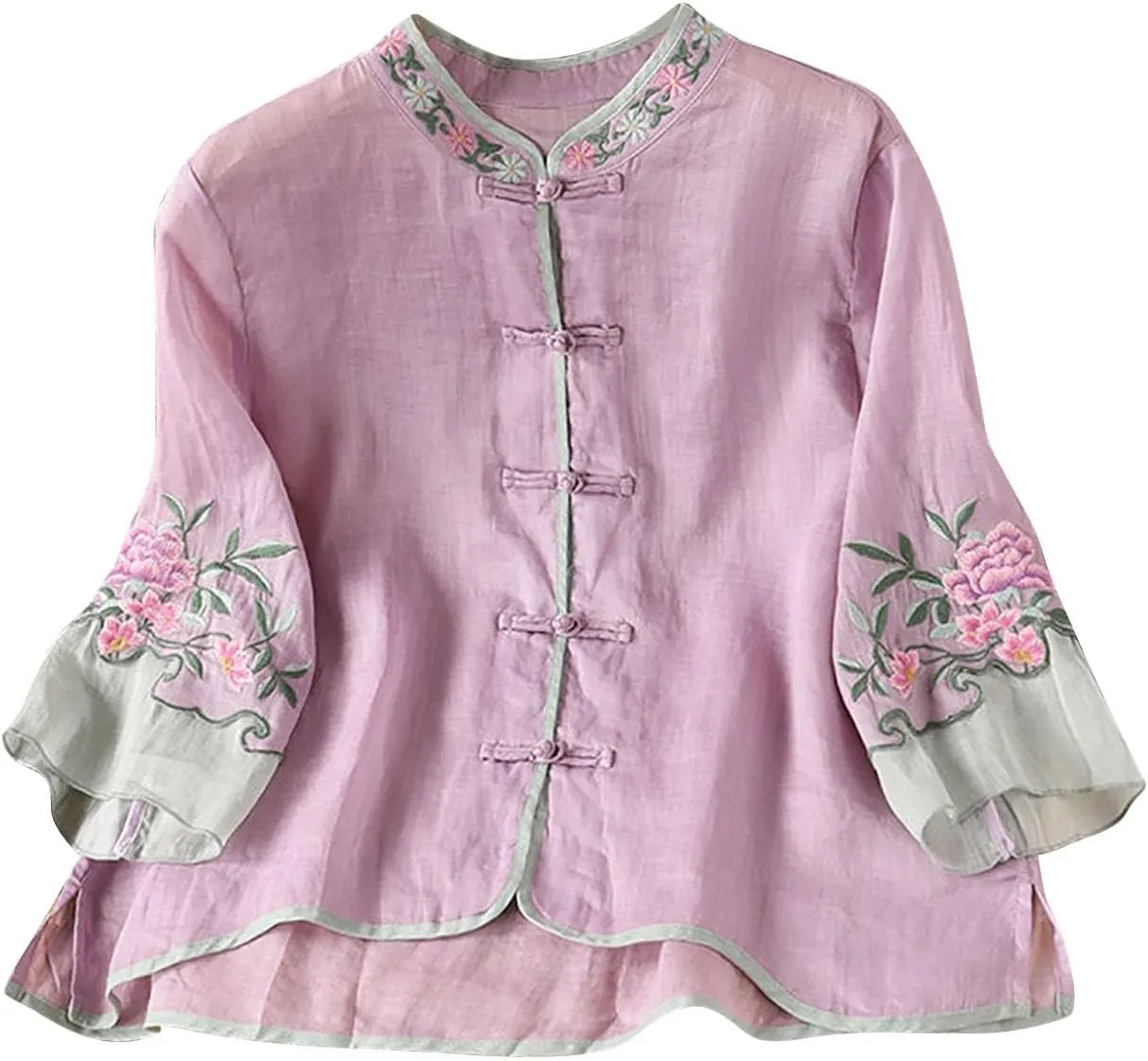 Women's Mandarin Neck Cotton Linen Blouses Retro Chinese Frog Button 3/4 Sleeve Tops Casual Floral Embroidered Shirts