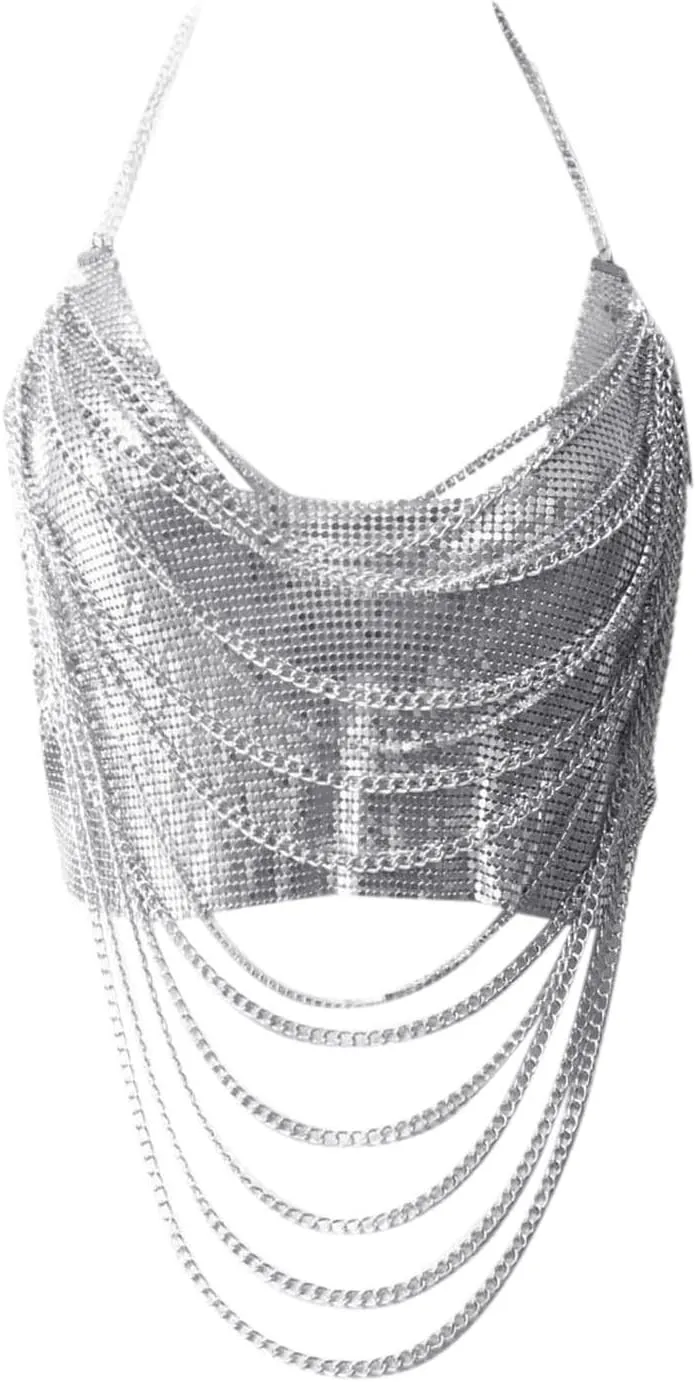 Womens Party Sequin Tank Top Y2K Metallic Chain Glitter Club Cropped Sleeveless Trendy Shirts Casual Summer